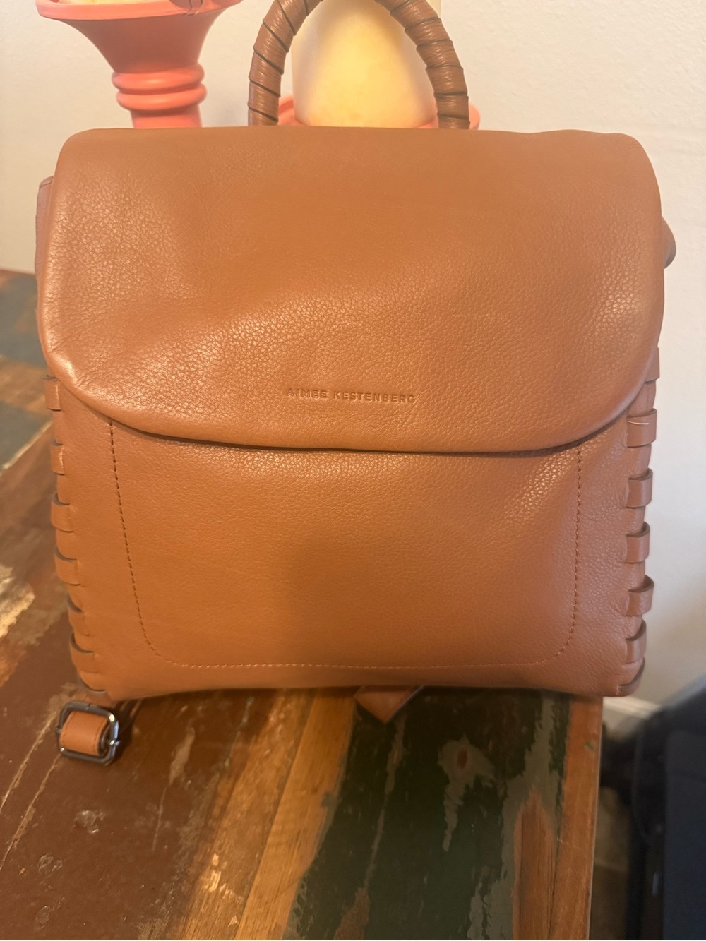 Aimee Kestenberg Cognac Leather Backpack with Braided Top Handle